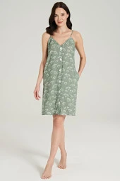 Kadın Pamuklu Önden Düğmeli İp Askılı Gecelik Elbise - 6