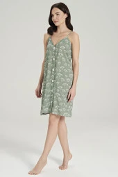 Kadın Pamuklu Önden Düğmeli İp Askılı Gecelik Elbise - 8