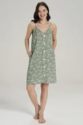 Kadın Pamuklu Önden Düğmeli İp Askılı Gecelik Elbise - 9