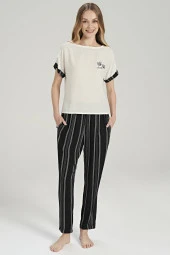 Kadın Siyah Çizgili Pijama Takımı - 1