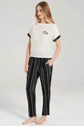 Kadın Siyah Çizgili Pijama Takımı - 4