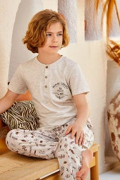 Erkek Çocuk Baskılı Yakası Düğmeli Paçası Lastikli Pijama Takımı - 1