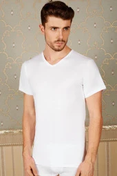 Erkek Beyaz Renk V Yaka Atlet - 1