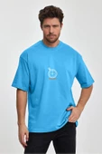 Erkek Oversize %100 Pamuk Pusula Baskılı T-shirt Mavi Edw040 - 1
