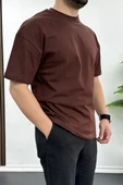 Erkek Oversize %100 Pamuk Nefes Alan Basic T-shirt Kahverengi Edw038 - 2