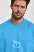 Erkek Oversize %100 Pamuk Pusula Baskılı T-shirt Mavi Edw040 - 2