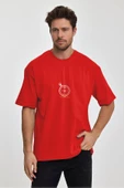 Erkek Oversize %100 Pamuk Pusula Baskılı T-shirt Kırmızı Edw040 - 1