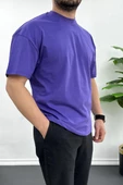 Erkek Oversize %100 Pamuk Nefes Alan Basic T-shirt Mor Edw038 thumbnail 2