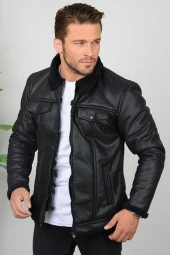 Erkek İçi Kürklü Slim Fit Premium Deri Mont Siyah Edw001 - 1