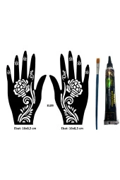 Güllü Desenler El Üstü Dövme Seti 2 Adet Kına Kalıbı Siyah Kına ve Fırça Hediyeli - 1