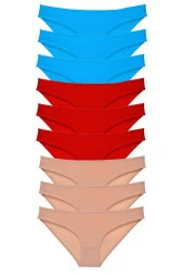 9 adet Süper Eko Set Likralı Kadın Slip Külot Kırmızı Ten Mavi thumbnail 1