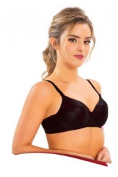 Balenli Destekli Silikonlu Deri İçi Dolu Sütyen Siyah - 1