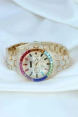 Clariss Trend Gold Metal Kordonlu Zirkon Taş Kaplama Renkli Taşlı Kasa Tasarımlı Lüx Kadın Kol Saati - 2