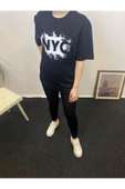 Kadın Bisiklet Yaka Oversize Fit NYC Baskılı Tişort SPR24TSk114 - 1