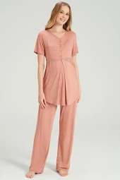 Kadın Kiremit Renkli Petekli Yakası Düğmeli 3'lü Beden Kuşaklı Lohusa Pijama Takımı - 11