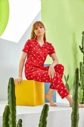 Kız Çocuk Kırmızı Desenli Gömlek Yaka Pijama Takımı - 1