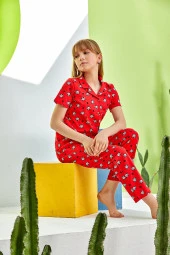 Kız Çocuk Kırmızı Desenli Gömlek Yaka Pijama Takımı - 2