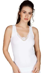 Kadın Beyaz Pamuklu Ribana Yakası İşlemeli Geniş Askılı Atlet - 1