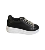 YAZKIŞ Kadın Siyah Beyaz Cilt Bağcıkları Dili  Taşlı 5cm Kalın Taban Fashıon Spor Ayakkabı thumbnail 5