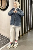 Omuz Taş Detay Koyu Mavi Kot Ceket Oversize - 3