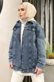 Omuz Taş Detay Koyu Mavi Kot Ceket Oversize - 1