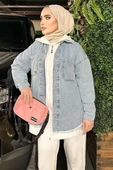 Açık Buz Mavi Kar Yıkama Püskül Detay Kot Ceket Oversize - 1