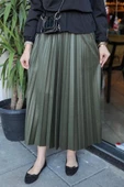 Zarif Ve Modern Pileli Parlak Krep Gizli Lastikli Haki Etek - 3