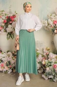 Zarif Ve Modern Pileli Parlak Krep Gizli Lastikli Mint Etek - 4