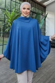 Düğme Detaylı Şık Tasarımlı Mavi Şal Yaka Panço - 1