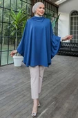 Düğme Detaylı Şık Tasarımlı Mavi Şal Yaka Panço - 4