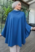 Düğme Detaylı Şık Tasarımlı Mavi Şal Yaka Panço - 3