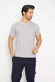 T-shirt V Yaka Kısakol %100 Pamuk Cepli Gri thumbnail 1
