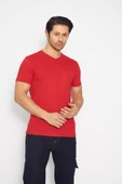 T-shirt V Yaka Kısakol %100 Pamuk Cepli Kırmızı thumbnail 4