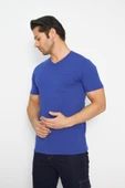 T-shirt V Yaka Kısakol %100 Pamuk Cepli Sax Mavi - 4