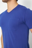T-shirt V Yaka Kısakol %100 Pamuk Cepli Sax Mavi - 7
