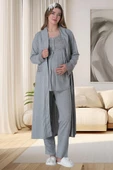 Mecit 6066 Bayan Hamile Lohusa Gri Sabahlık Gecelik Pijama Seti - 6