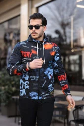 Mavi ve Turuncu Renk Baskılı Spor Model Kumaş Mont - 2