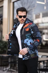 Mavi ve Turuncu Renk Baskılı Spor Model Kumaş Mont - 3