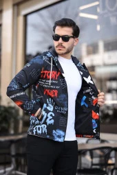 Mavi ve Turuncu Renk Baskılı Spor Model Kumaş Mont - 4