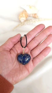 Kolye Kalp Doğal Taş El İşi Tel Sarma Tasarım Çakra Charm Takı Kadın Kız Örgü - 2