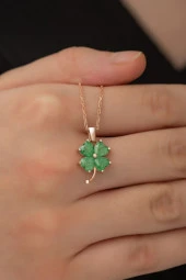 925 Ayar Gümüş Yeşil Taşlı Yonca  Kolye Kadın Gümüş Kolye thumbnail 1