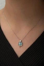 925 Ayar Gümüş Aquamarin Taşlı Yonca  Kolye Kadın Gümüş Kolye thumbnail 1