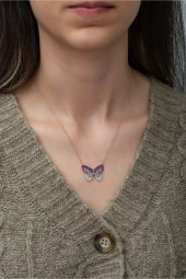 925 Ayar Pembe Renk Geçişli Kelebek Kadın Gümüş Kolye thumbnail 2