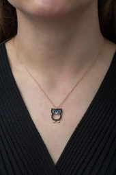 925 Ayar Siyah Taşlı Baykuş Kolye Kadın Gümüş Kolye thumbnail 1