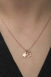 925 Ayar Minimal Çift Yıldız Kolye Kadın Gümüş Kolye thumbnail 1