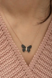 925 Ayar Siyah Kelebek Kolye Kadın Gümüş Kolye thumbnail 1