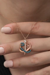 925 Ayar Turkuaz Elif Vav Kolye Kadın Gümüş Kolye thumbnail 2