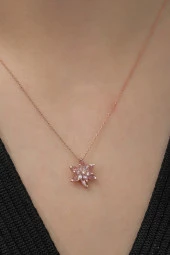 925 Ayar Pembe Lotus Çiçeği Kolye Kadın Gümüş Kolye thumbnail 2