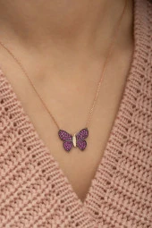 925 Ayar Pembe Kelebek Kolye Kadın Gümüş Kolye thumbnail 2