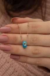 925 Ayar Nazar Cam Mavi Boncuk Toplu Zincir Kadın Gümüş Kolye thumbnail 1